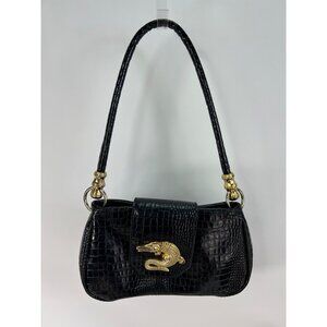 Black Croc Embossed Shoulder Bag With Gold Alligator Detail By Bueno
